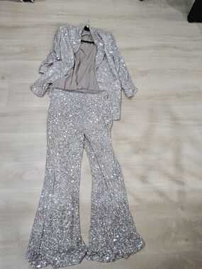 Express Silver Sequin Flare Pants with Matching Jacket
